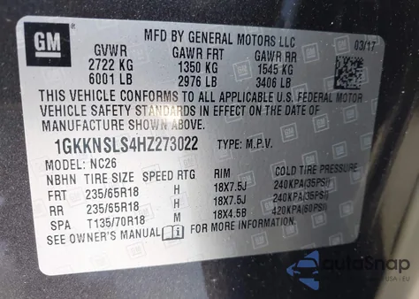 2017 GMC Acadia Sle-2 из США, поврежденный, VIN 1GKKNSLS4HZ273022